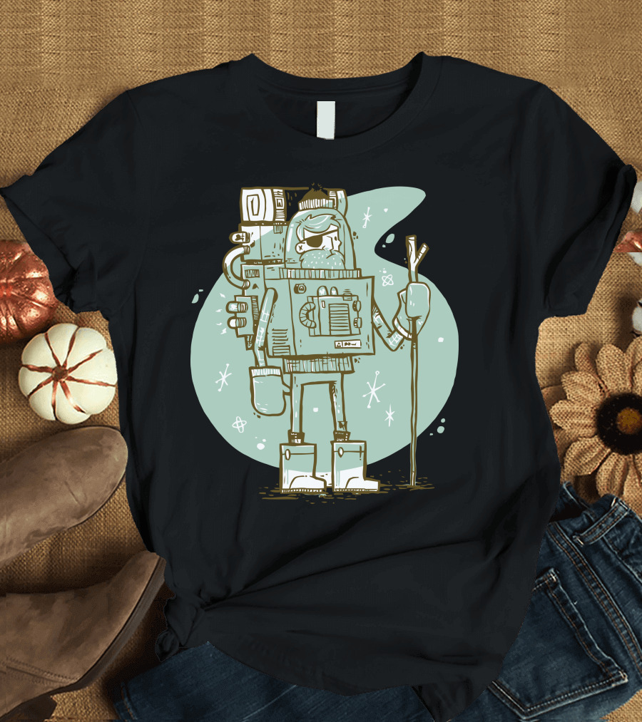 Retro Explorer Robot with Hiking Gear and Space Background T-Shirt