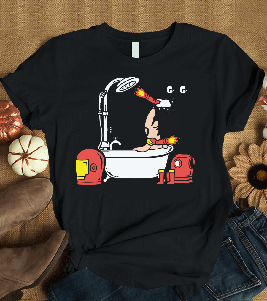 Firefighter Shower Bathing in Fire Gear with Hydrant and Red Helmet T-Shirt