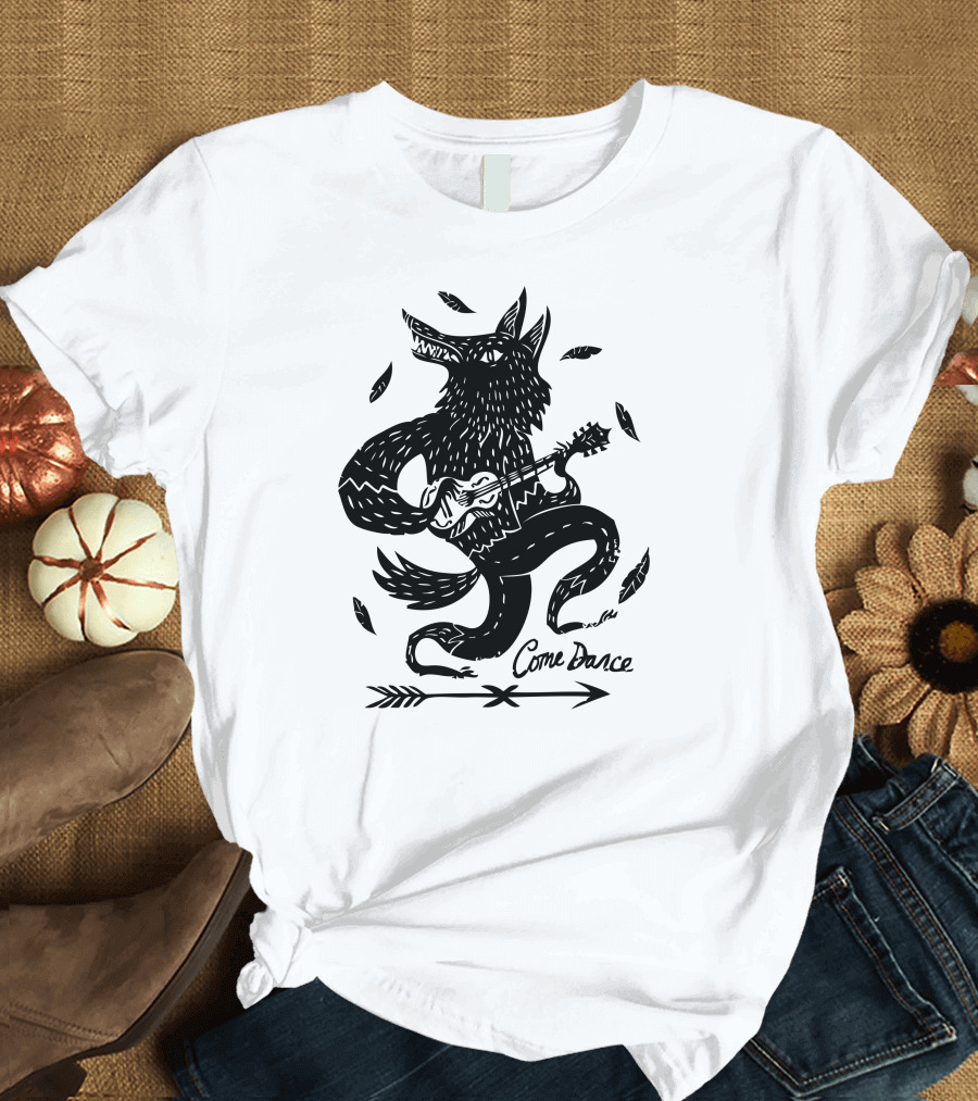 Come Dance Wolf Playing Guitar Surrounded by Falling Feathers T-Shirt