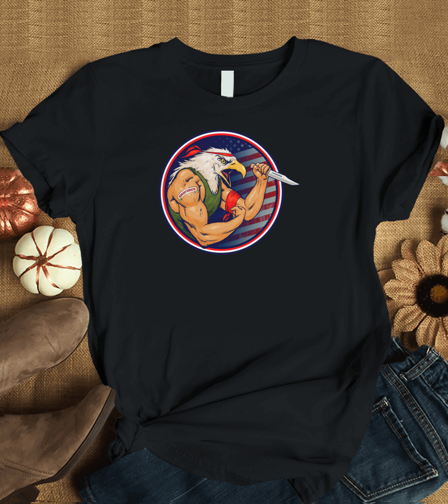 Eaglebro Force Bald Eagle in Military Tank Top with Knife and American Flag Background T-Shirt