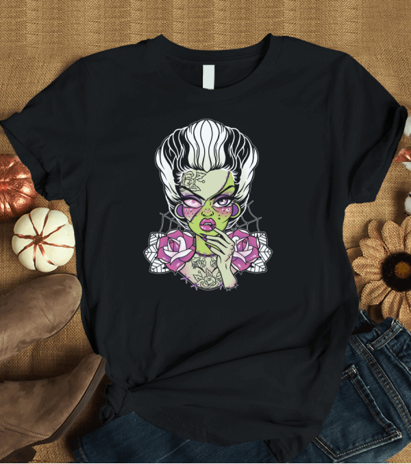 T-Shirt: Bride of Frankenstein Gothic Pin-Up with Roses and Spiderwebs T-Shirt Bride of Frankenstein Gothic Pin-Up with Roses and Spiderwebs T-Shirt