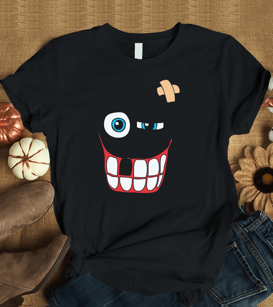 Smiley Beat Up Monster Face with Bandage and Winking Eye T-Shirt