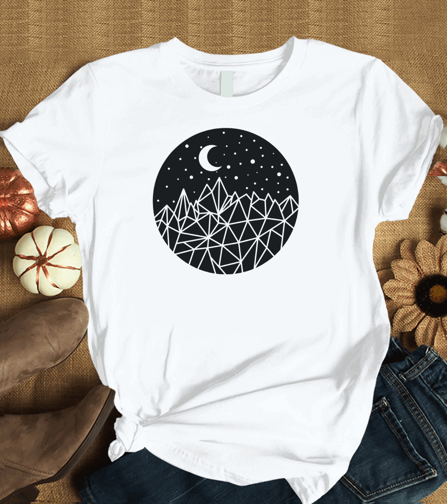 Geometric Nighttime Mountain Sky Moon and Stars T-Shirt