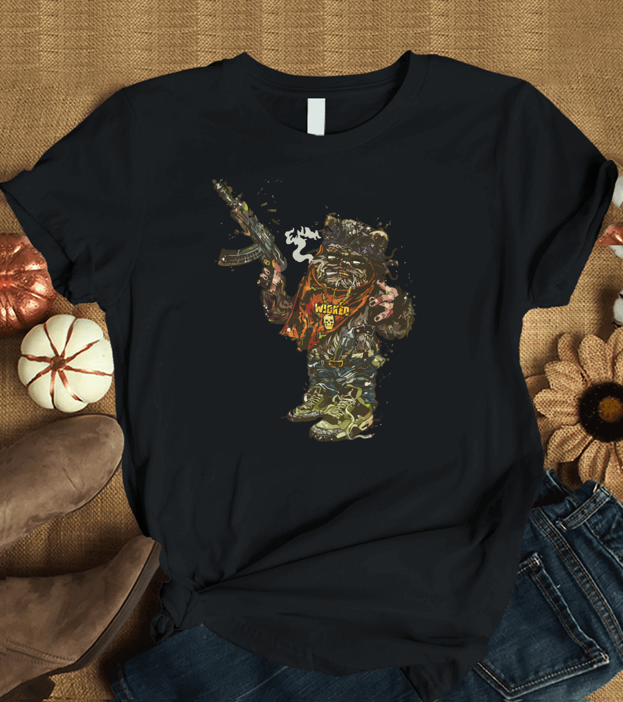 Wicket Ewok Smoking Gangster Style with Gun and Bandana 'Wicked' T-Shirt