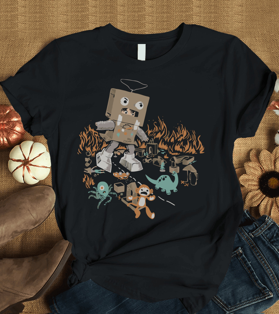 Robotron Cardboard Box Costume Stomps Over Toy Dinosaur and Alien amidst Flames T-Shirt