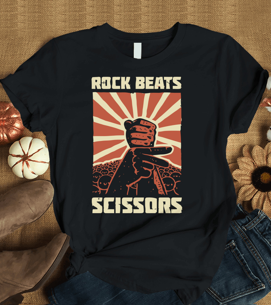Rock Beats Scissors Hand Gesture with Sunburst and Crowd Background T-Shirt