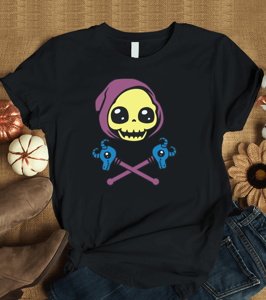Skeletaw Crossbones Grim Reaper Skull with Blue Ram Skulls Crossed T-Shirt