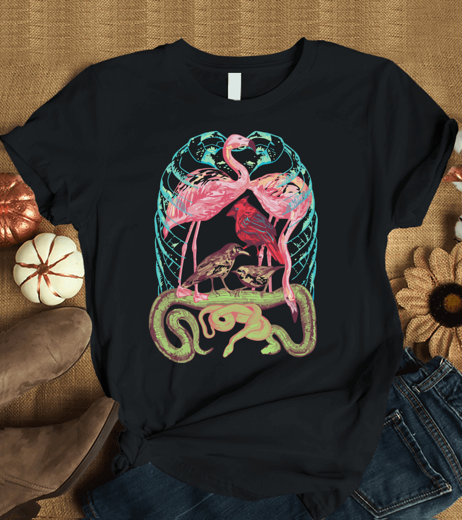 Wild Anatomy Flamingos Crows Owls Serpent and Ribcage T-Shirt