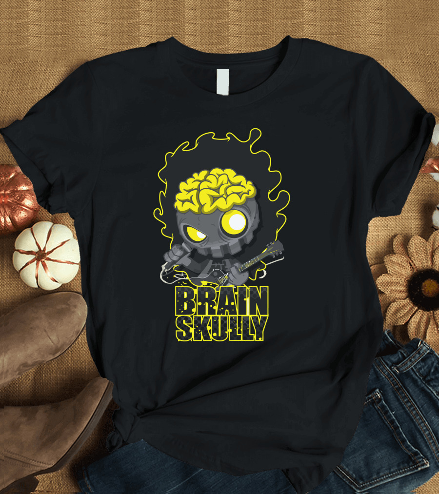 Brain Skully Guitar Playing Yellow Eyeballs T-Shirt