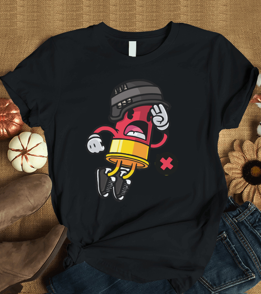 Bullet Time Cartoon Bullet Wearing Helmet and Sneakers with X T-Shirt