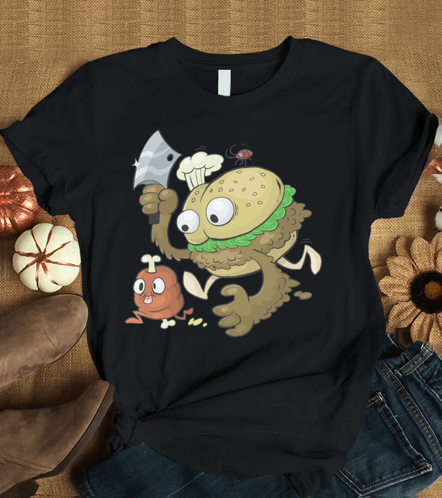 Cahtch A Meat Burger Monster Chef with Cleaver Chasing Chicken Nugget T-Shirt