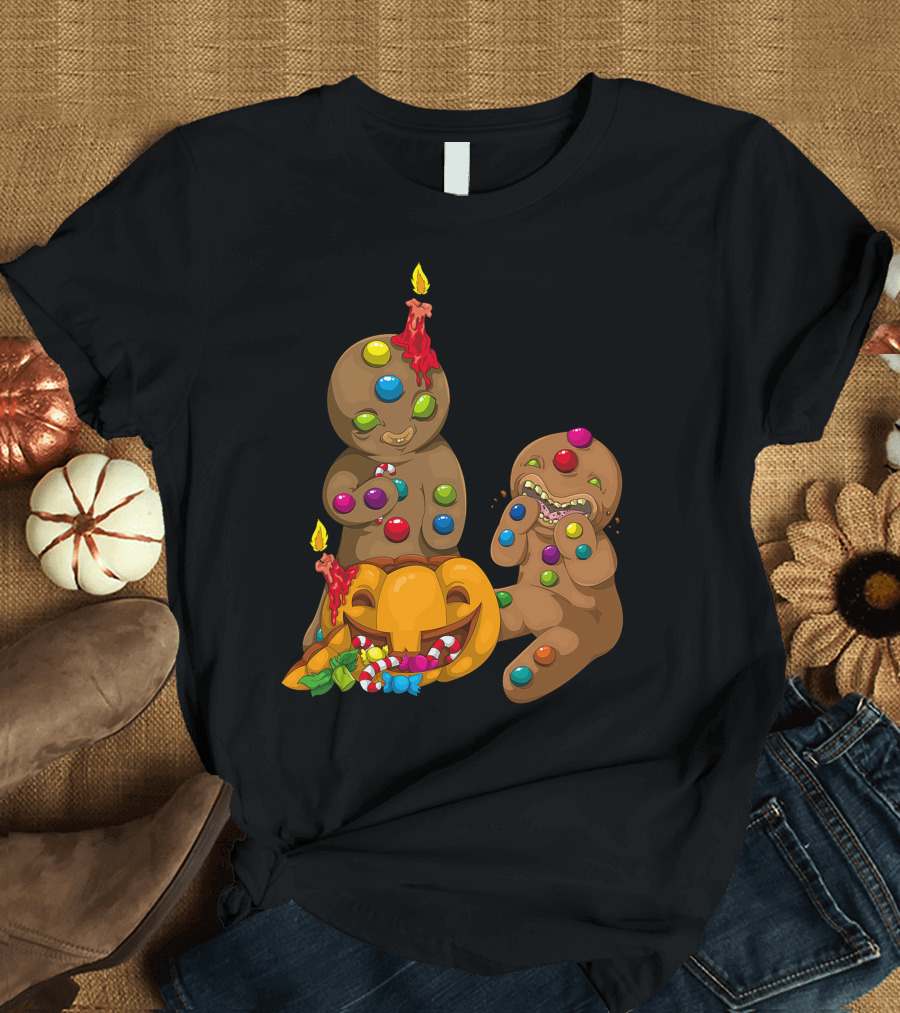 Candy Pumpkin Gingerbread Men with Candies and Jack-O'-Lantern T-Shirt