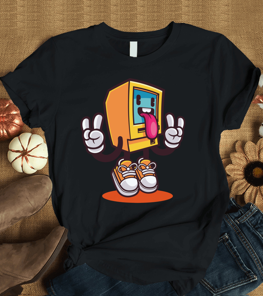 Computer Rock Cartoon Character with Sneakers and Peace Signs T-Shirt