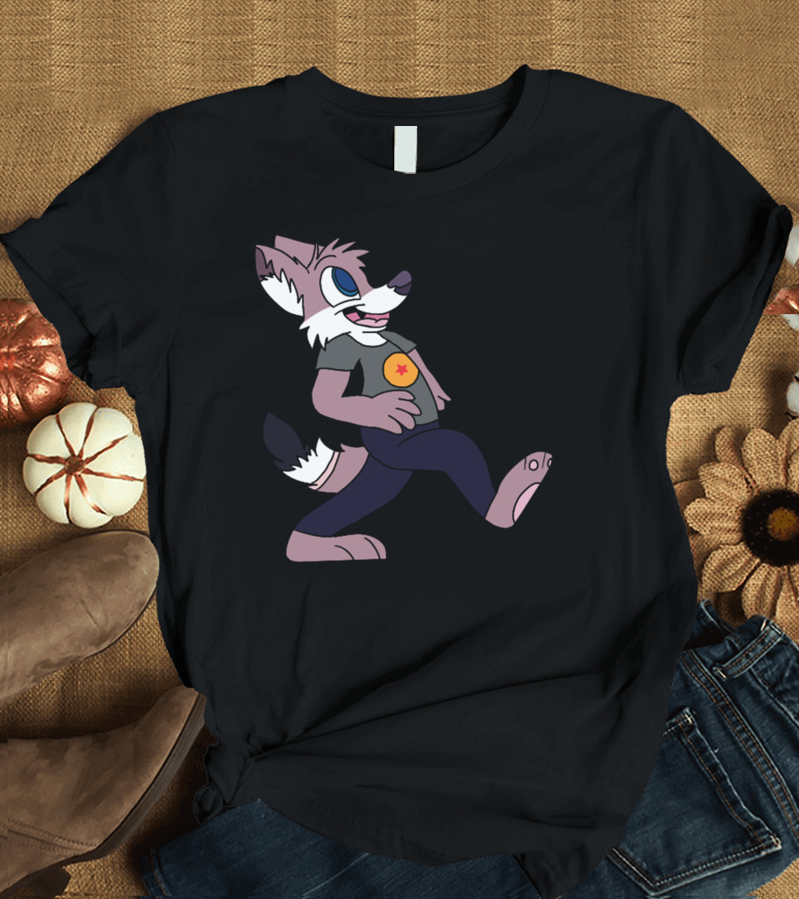 Coyo Walking Cartoon Character with Red Star T-Shirt