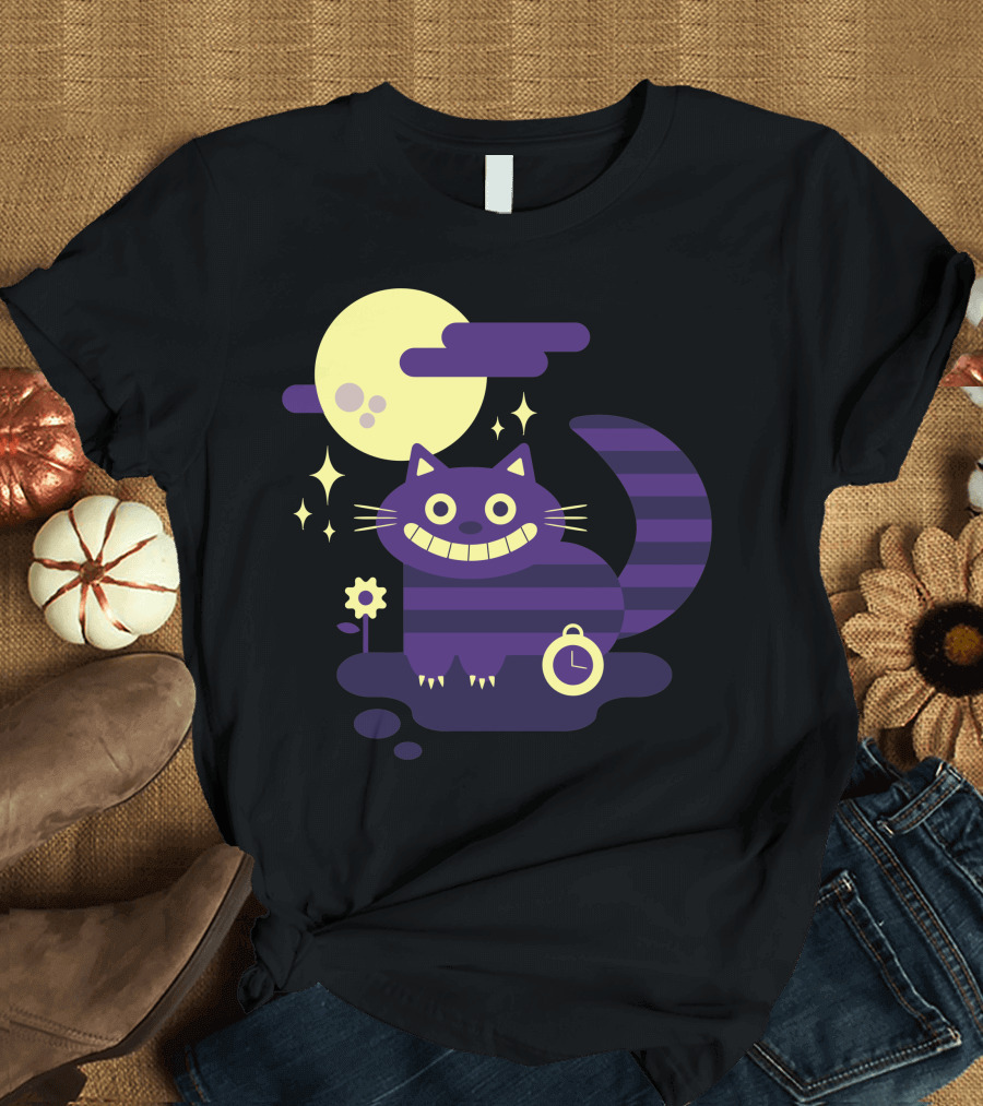 Cheshire Cat Grinning Under Full Moon with Clock and Stripe T-Shirt