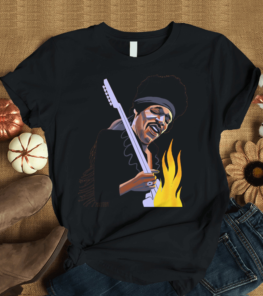 Jimi Hendrix Playing Guitar with Flames T-Shirt