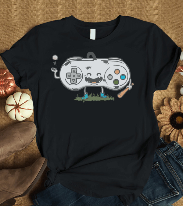 T-Shirt: Old School Gamer Happy Controller Character with Baseball Bat T-Shirt Old School Gamer Happy Controller Character with Baseball Bat T-Shirt