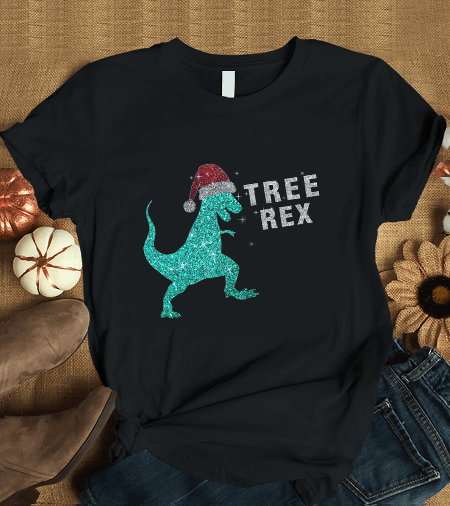 Bling Bling Glitter Tree Rex Dinosaur in Santa Hat T-Shirt