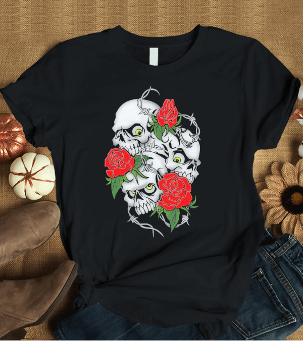 T-Shirt: Cool Design Rose And Skulls With Barbed Wire Elements T-Shirt Cool Design Rose And Skulls With Barbed Wire Elements T-Shirt