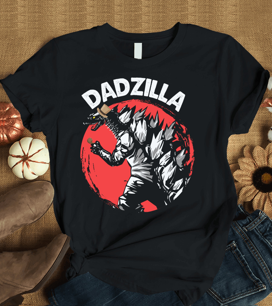 Dadzilla Kaiju Monster Holding Beer with Red Sun Background T-Shirt