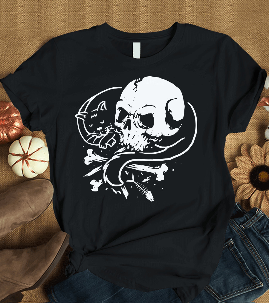 Dark Cat Skull Bones Fish T-Shirt