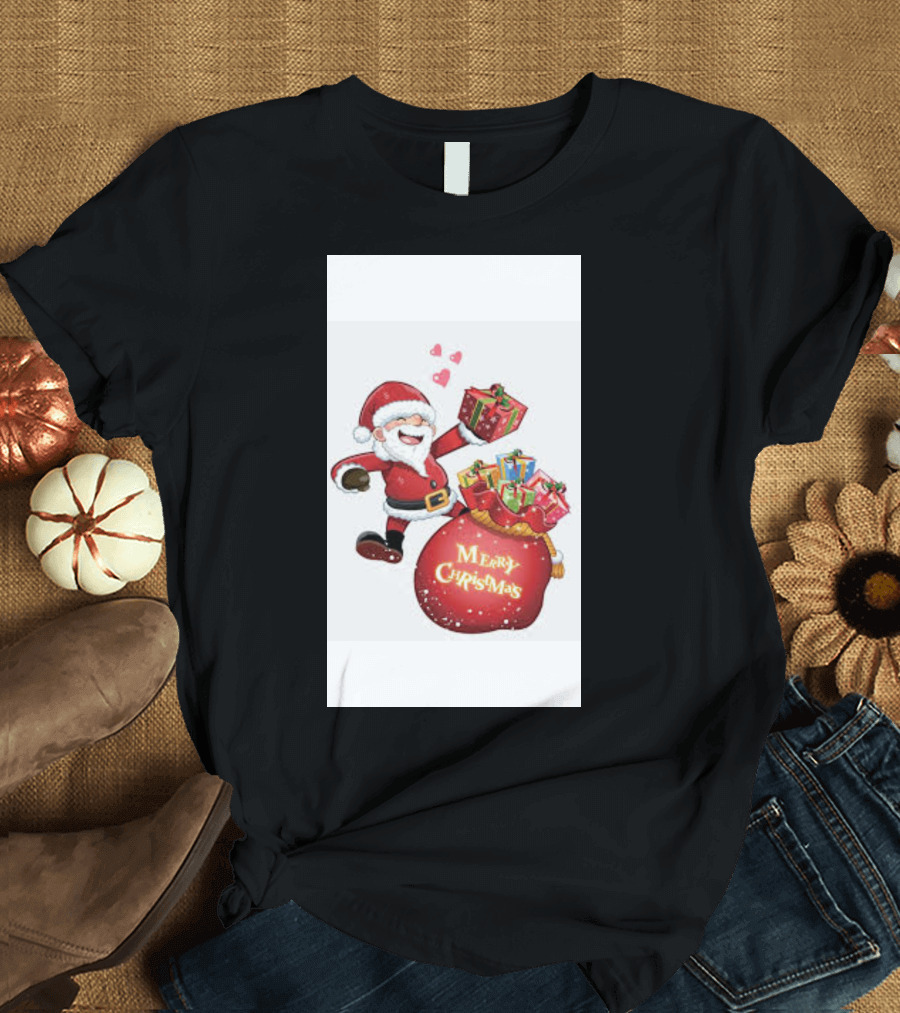 Merry Christmas Santa with Gifts and Hearts T-Shirt