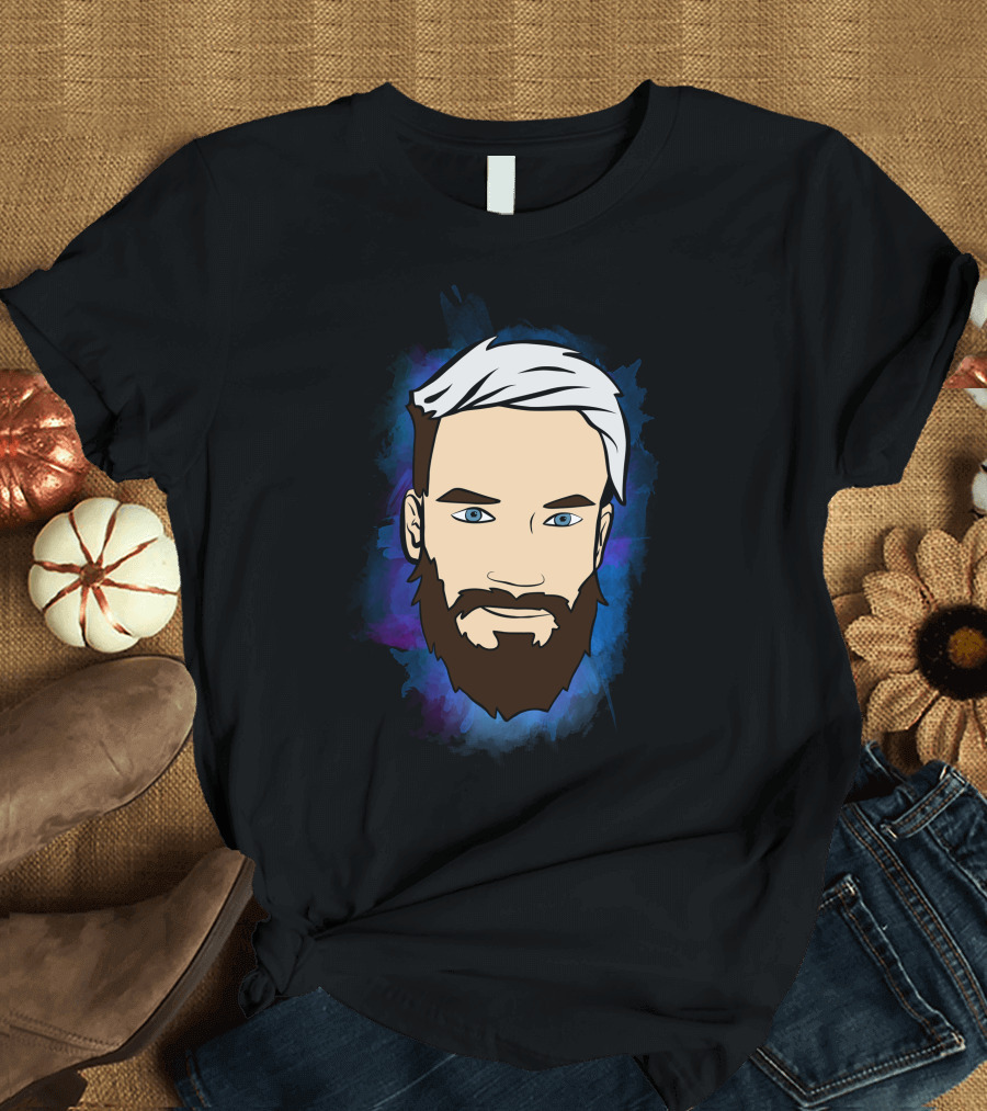 Pewdiepie Iconic Face Cartoon Style White Hair Blue Eyes Beard T-Shirt