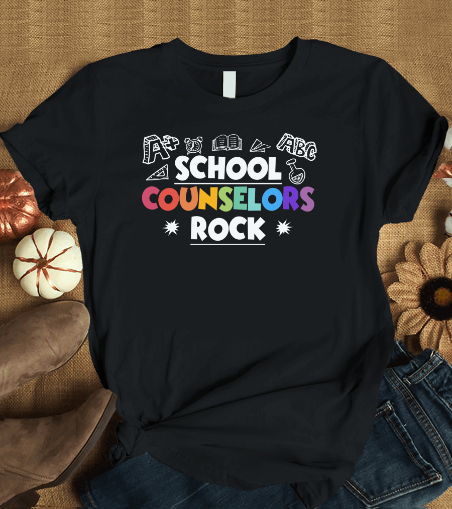 School Counselors Rock Colorful A+ ABC Icons T-Shirt