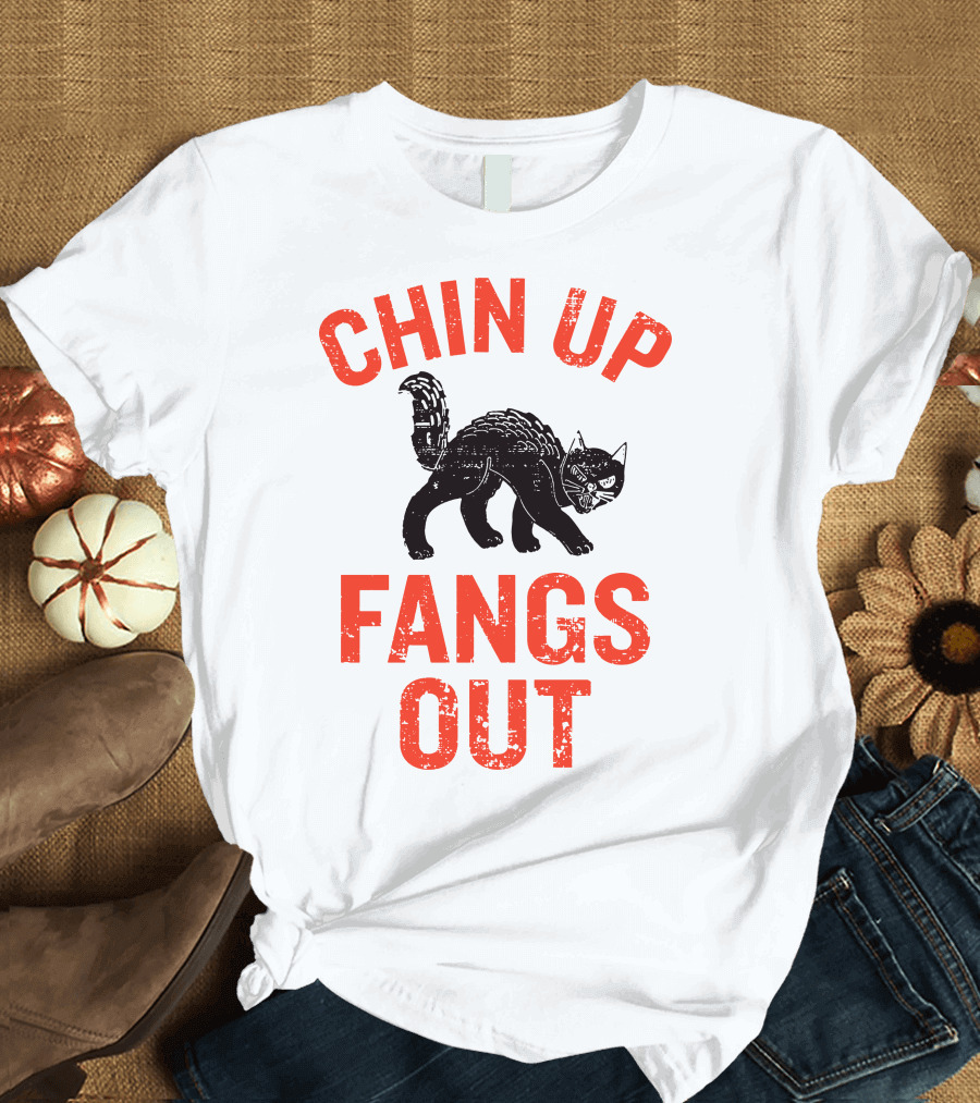 Chin Up Fangs Out Black Cat Arched Back Halloween Fun T-Shirt