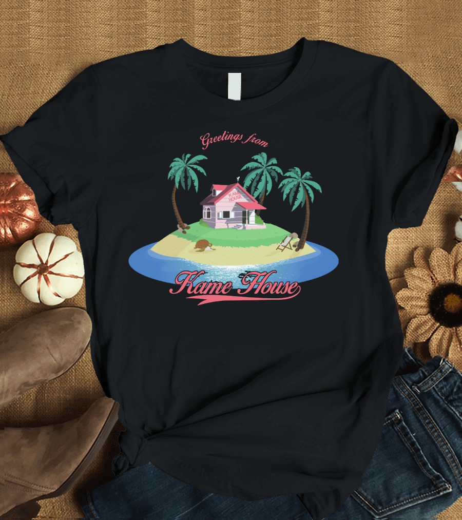 Greetings from Kame House Island Scene with Palm Trees and Turtle T-Shirt