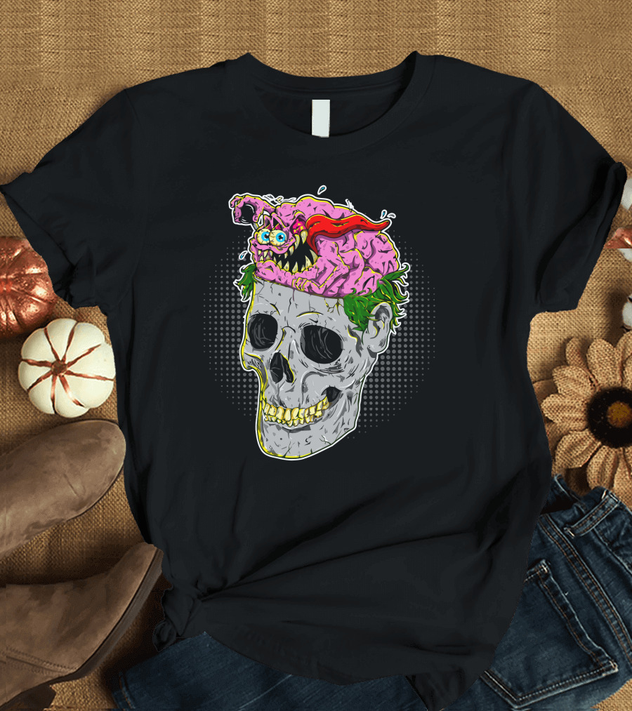 Brain Control Monster on Skull with Pink Creature and Red Cape T-Shirt