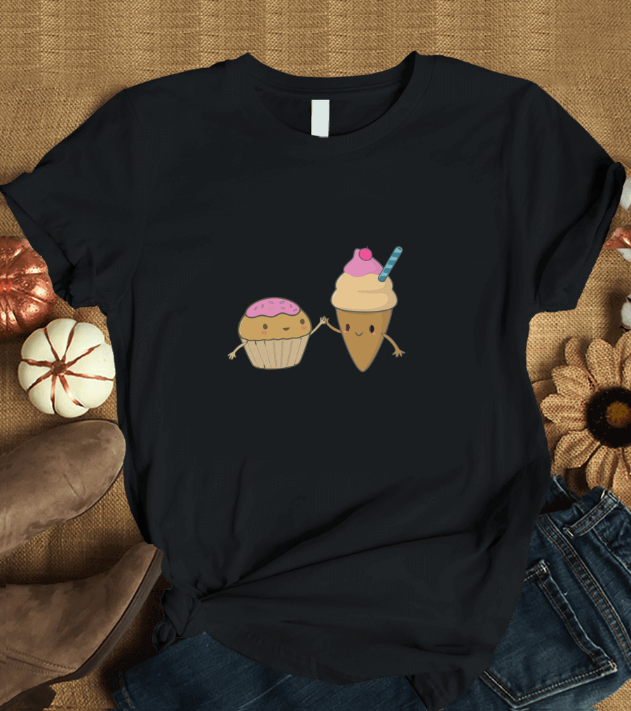 Cupcake and Ice Cream Cute Characters with Smiles and a Pink Cherry Topper T-Shirt