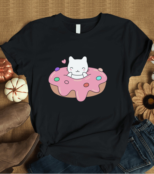 T-Shirt: Cute Cat Inside Pink Sprinkle Donut with Heart T-Shirt Cute Cat Inside Pink Sprinkle Donut with Heart T-Shirt