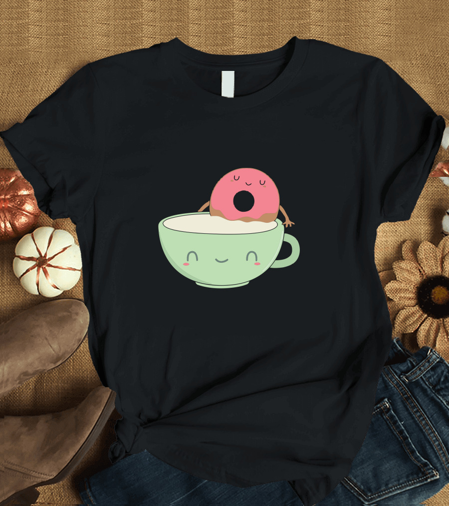 Cute Coffee Donut Smiling Cup and Happy Pink Pastry T-Shirt