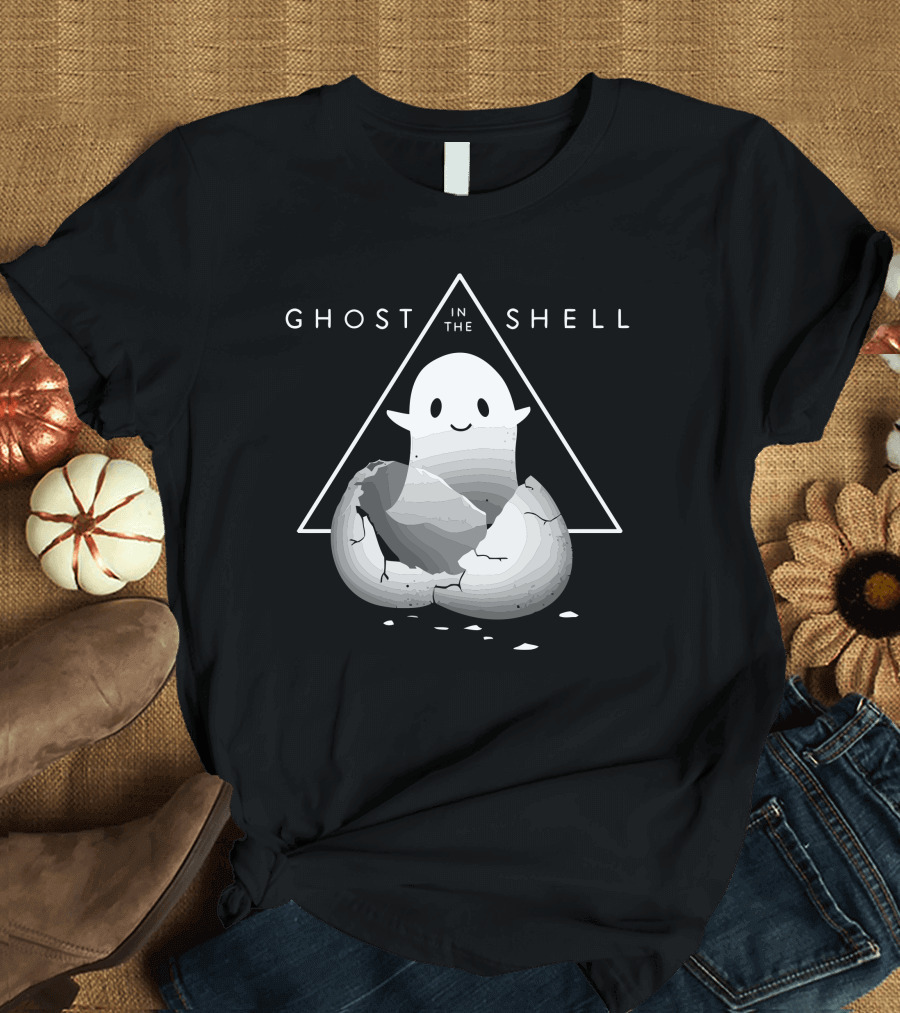 GHOST IN THE SHELL Cute Ghost Emerging from Cracked Egg in Triangle T-Shirt