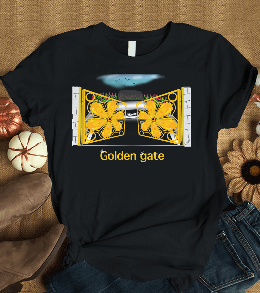 Golden Gate Floral Design with Stone Pillars and Car T-Shirt