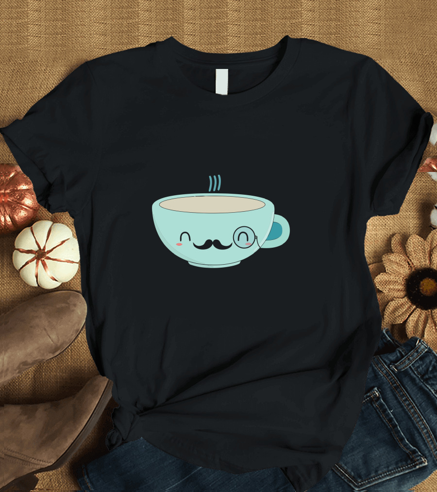Kawaii Fancy Tea Cup with Mustache and Monocle Face T-Shirt