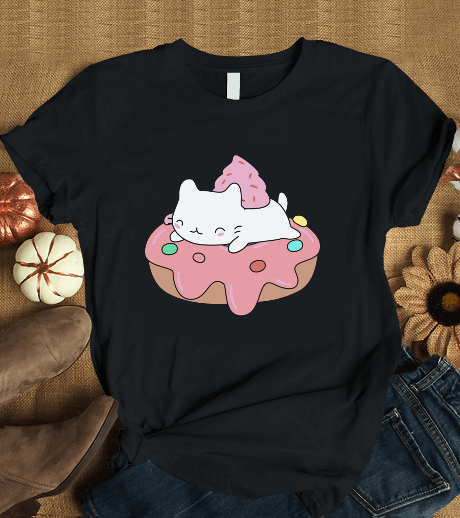 Kawaii Kitten Resting on Pink Frosted Donut with Sprinkles T-Shirt