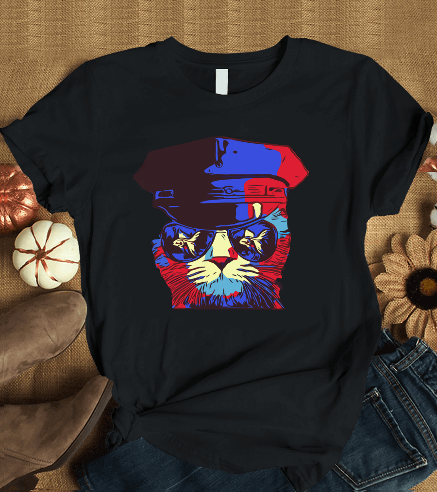 Police Cat Hat Cat in Sunglasses Psychedelic T-Shirt