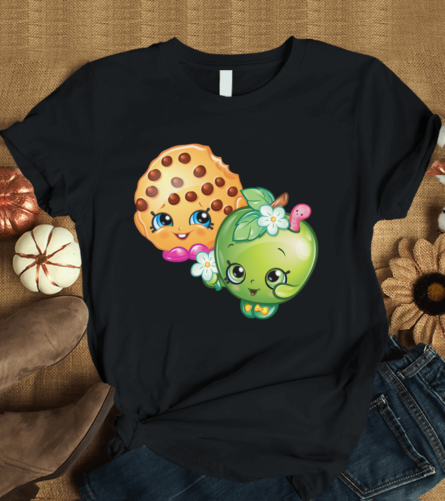 Strawberry Girl Cookie and Apple Characters with Flowers and Worm T-Shirt