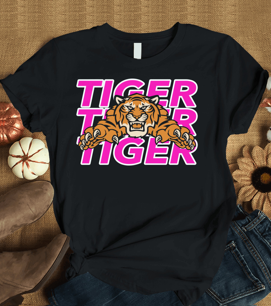 Tiger Tiger Tiger Bold Pink Letters Fierce Tiger Head T-Shirt