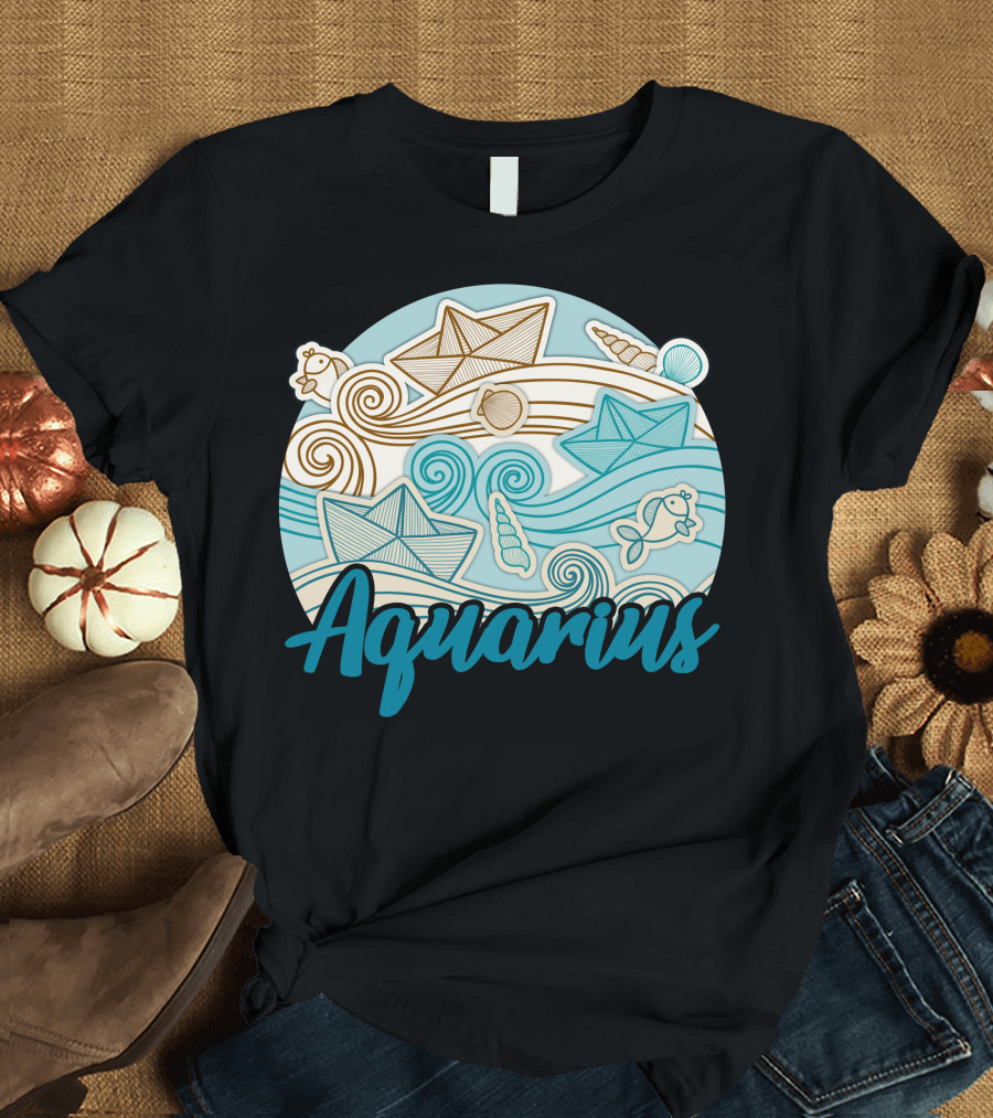 Aquarius Paper Boats and Ocean Waves T-Shirt