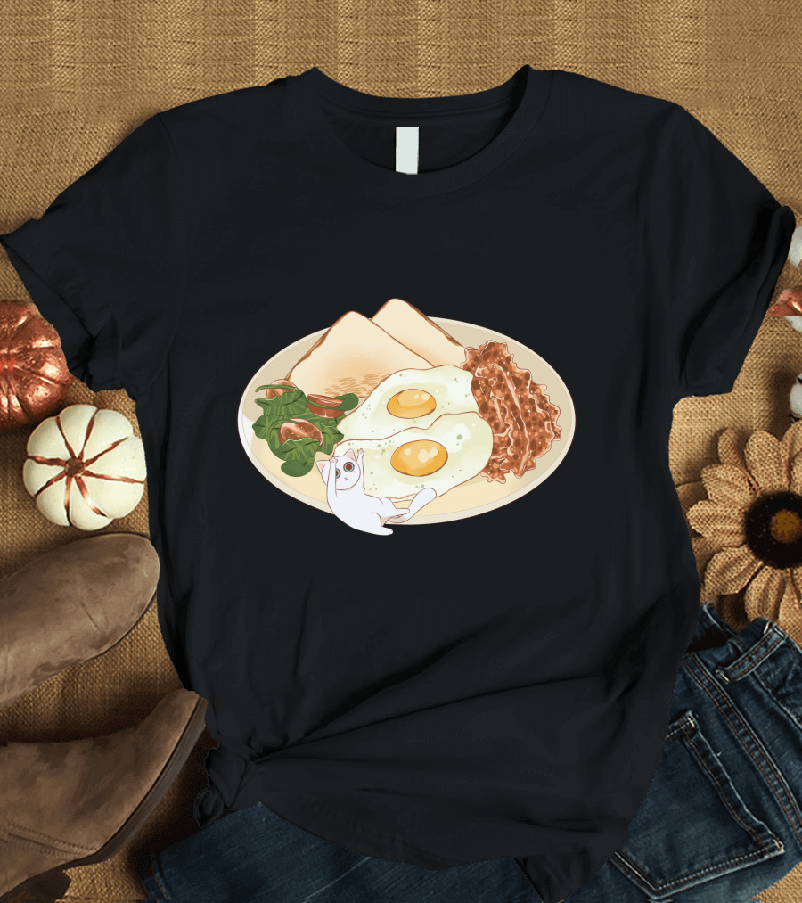 Plate of Eggs Bacon Toast Cat Breakfast With The Blue T-Shirt