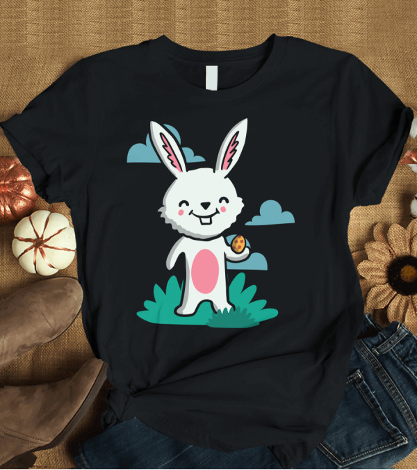 T-Shirt: Cute Bunny with Easter Egg in Hand on Grass with Clouds T-Shirt Cute Bunny with Easter Egg in Hand on Grass with Clouds T-Shirt