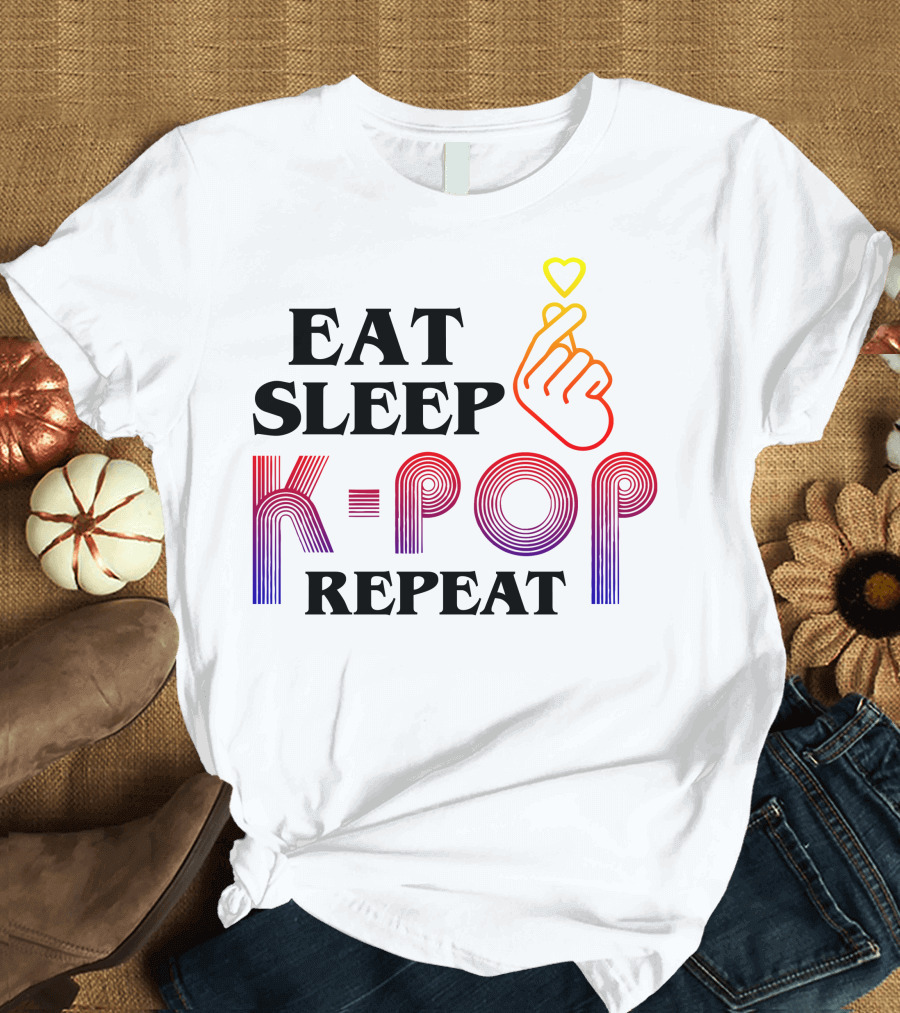 Eat Sleep K-Pop Repeat Finger Heart Gesture T-Shirt
