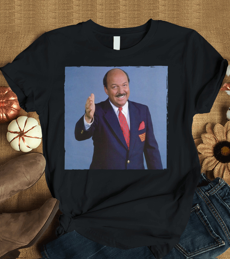 Gene Okerlund WWE Suit Blue Background T-Shirt