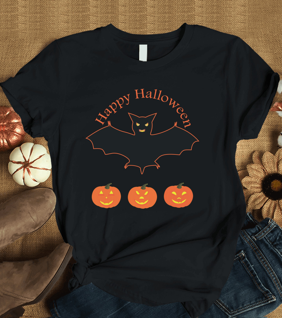 Happy Halloween Bat and Pumpkin Faces T-Shirt