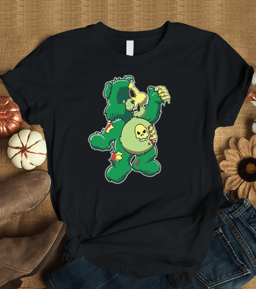 Bisounours Zombi Bear with Skull Belly and Green Fur T-Shirt