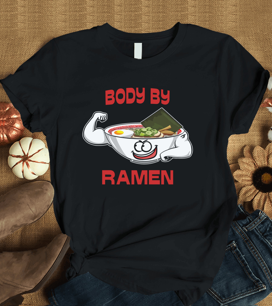 BODY BY RAMEN Flexing Cartoon Noodle Bowl T-Shirt