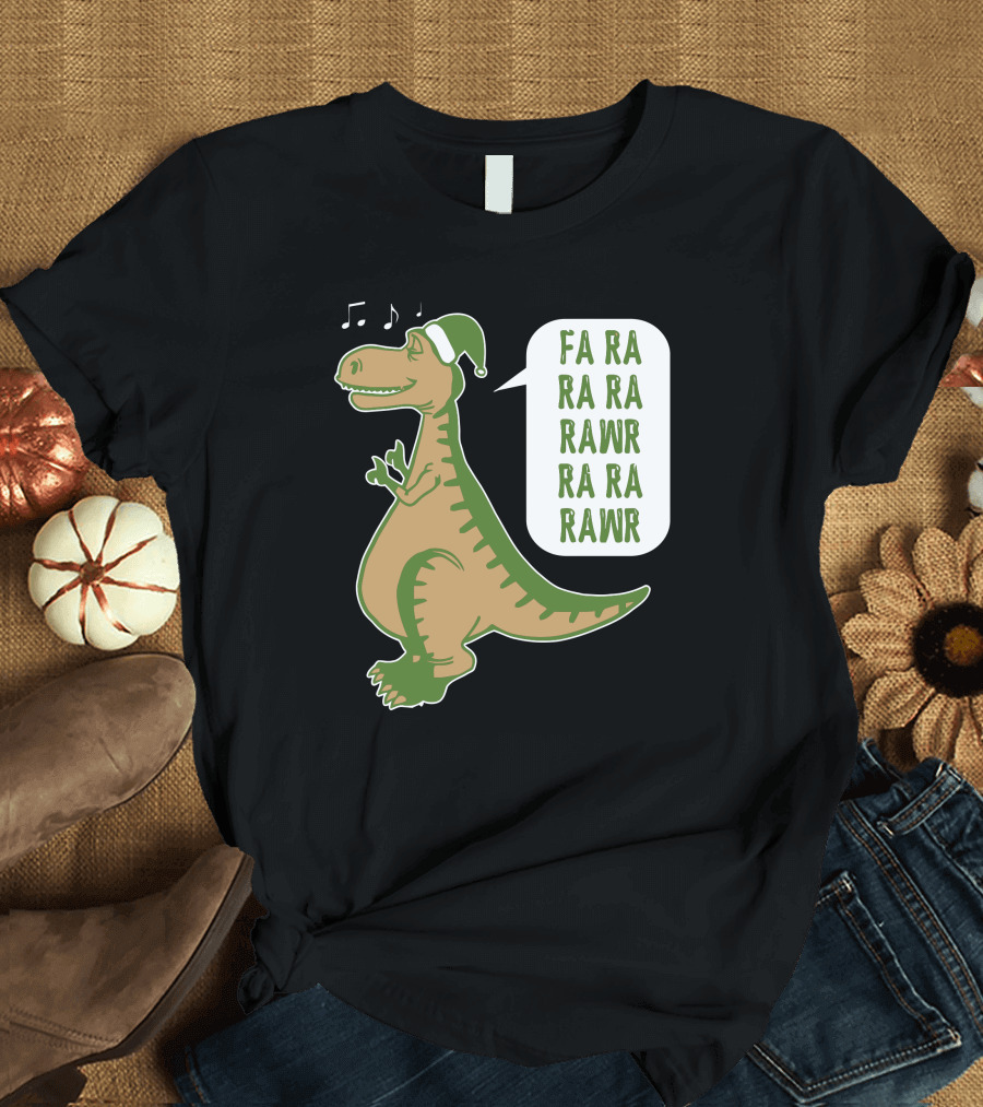 FA RA RA RA RAWR Dinosaur with Santa Hat and Music Notes T-Shirt